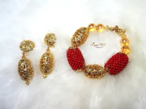 Beautiful Red Detailed Beaded Bracelet and Earring Beads Jewellery Set