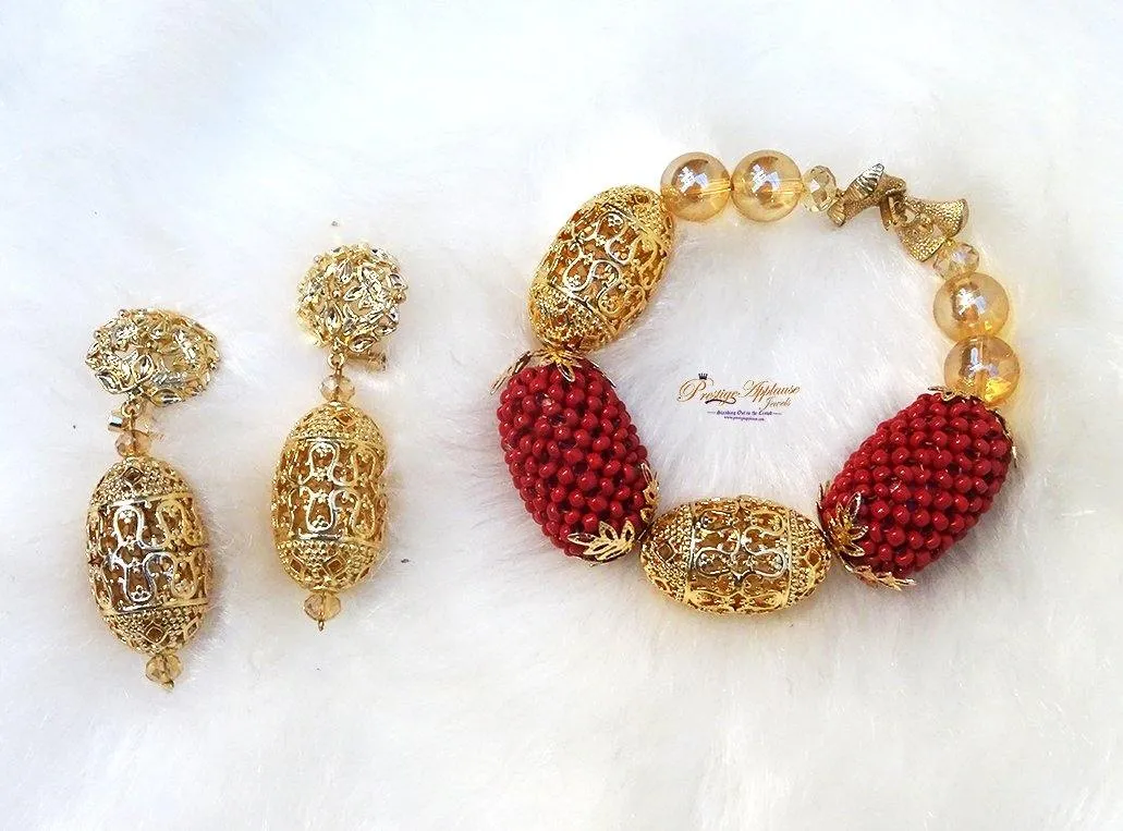 Beautiful Red Detailed Beaded Bracelet and Earring Beads Jewellery Set