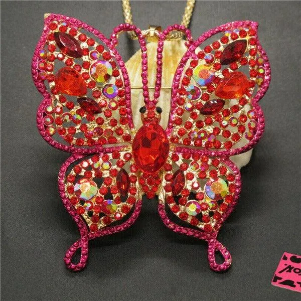 Betsey Johnson Pink Butterfly Rhinestone Large Gold Necklace