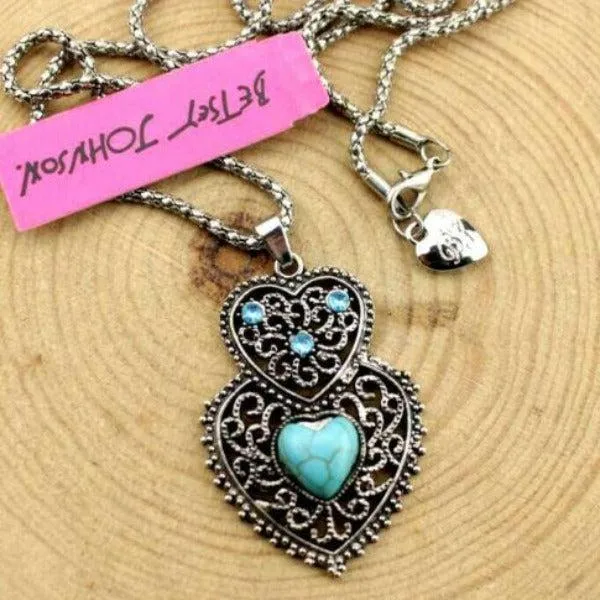 Betsey Johnson Turquoise (faux) Heart Pendant Necklace & Earrings