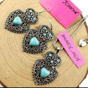 Betsey Johnson Turquoise (faux) Heart Pendant Necklace & Earrings