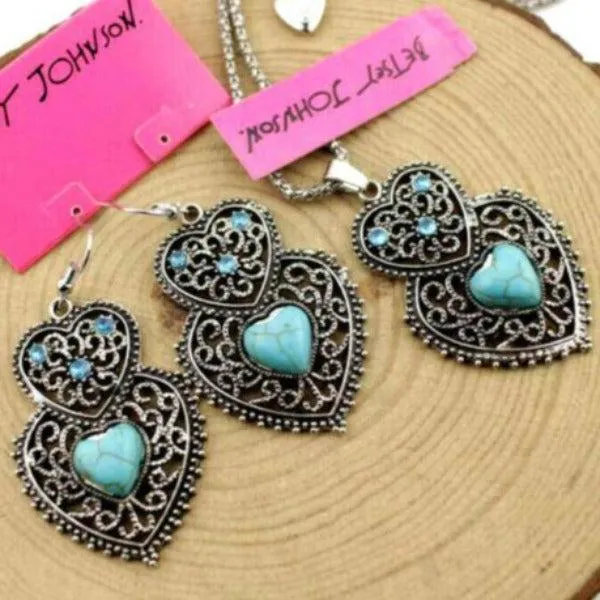 Betsey Johnson Turquoise (faux) Heart Pendant Necklace & Earrings