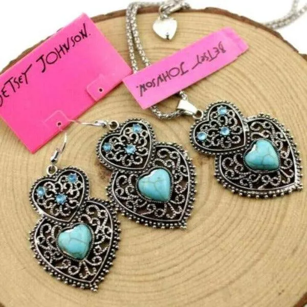 Betsey Johnson Turquoise (faux) Heart Pendant Necklace & Earrings