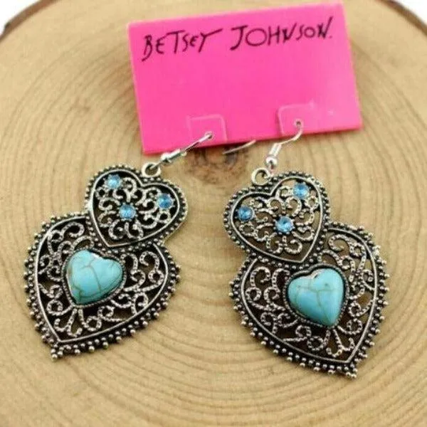 Betsey Johnson Turquoise (faux) Heart Pendant Necklace & Earrings