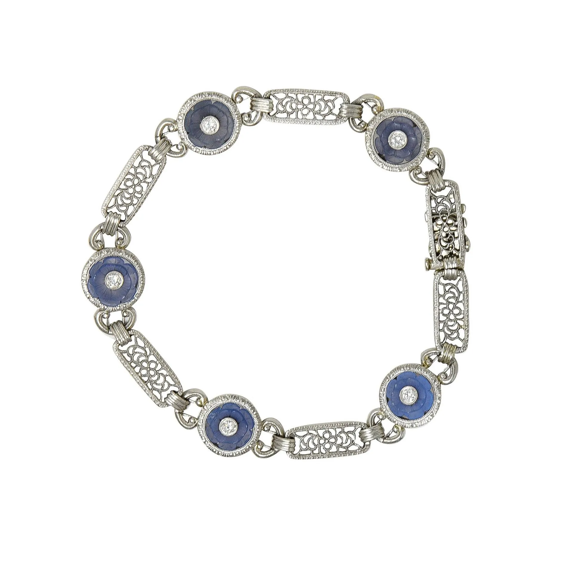 Bippart & Co. Art Deco Diamond Blue Camphor Glass Vintage Floral Link Bracelet