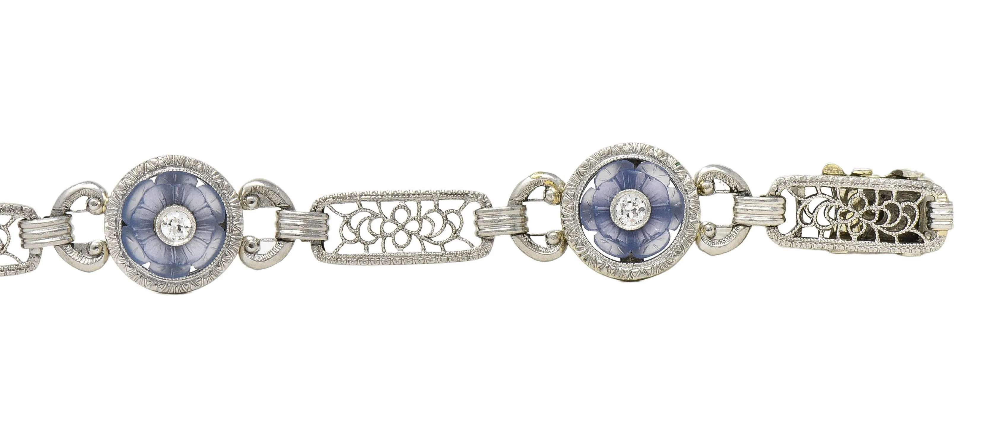 Bippart & Co. Art Deco Diamond Blue Camphor Glass Vintage Floral Link Bracelet