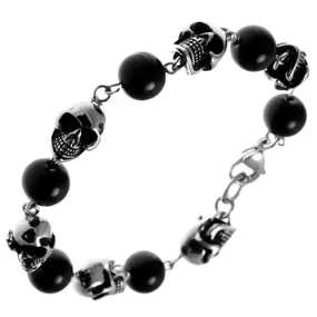 Black Bead Interlock Stainless Steel Skull Heads Bracelet