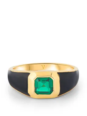 Black enamel Sophie signet ring with emerald green stone