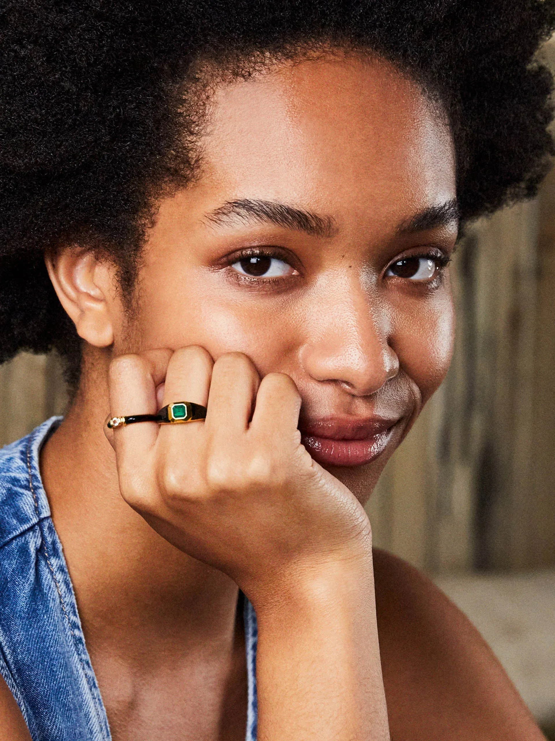 Black enamel Sophie signet ring with emerald green stone