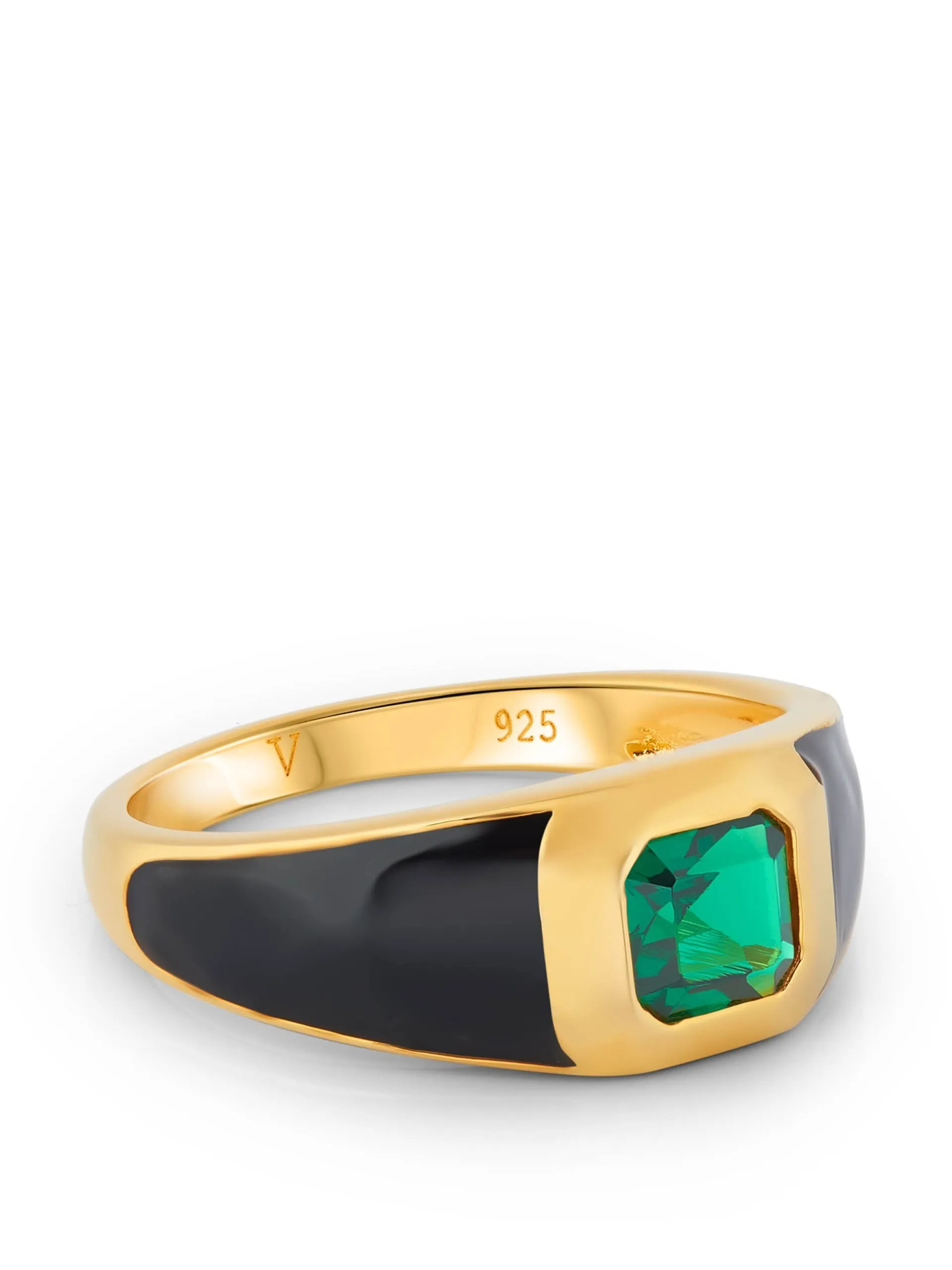 Black enamel Sophie signet ring with emerald green stone