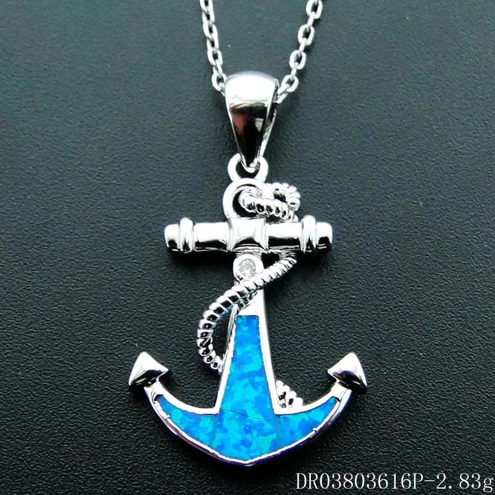 Blue Fire Opal Navy Anchor Pendant Nautical Necklace 18"