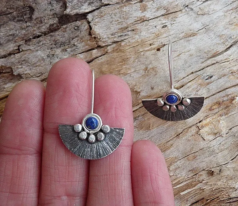 Bohemian Silver Fan Earrings with Lapis Lazuli Stone Accent jlt11601