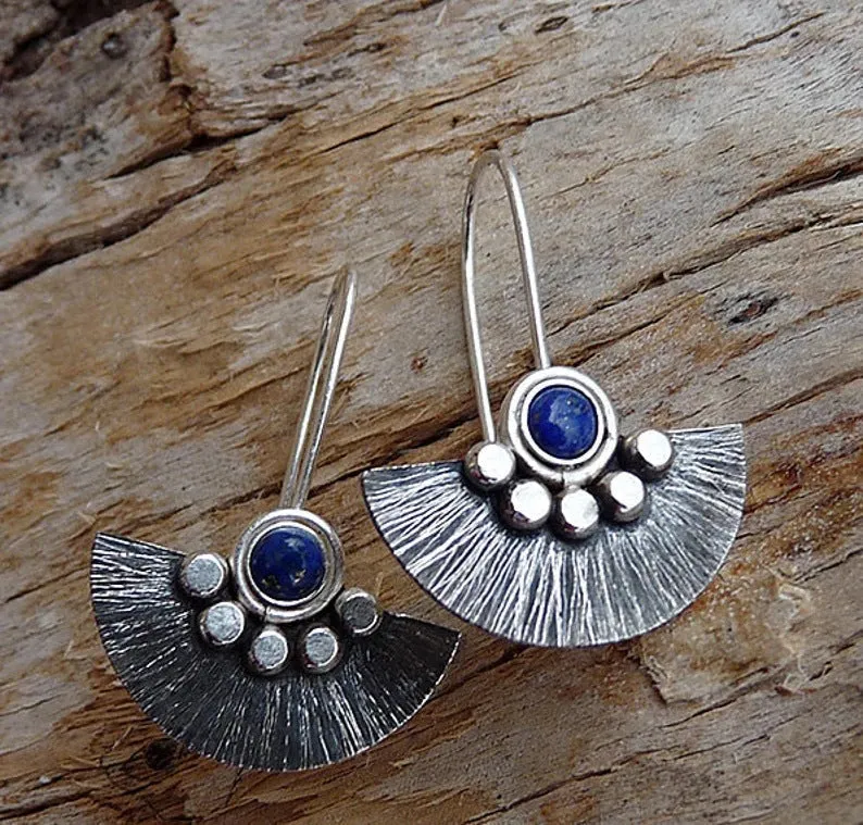 Bohemian Silver Fan Earrings with Lapis Lazuli Stone Accent jlt11601