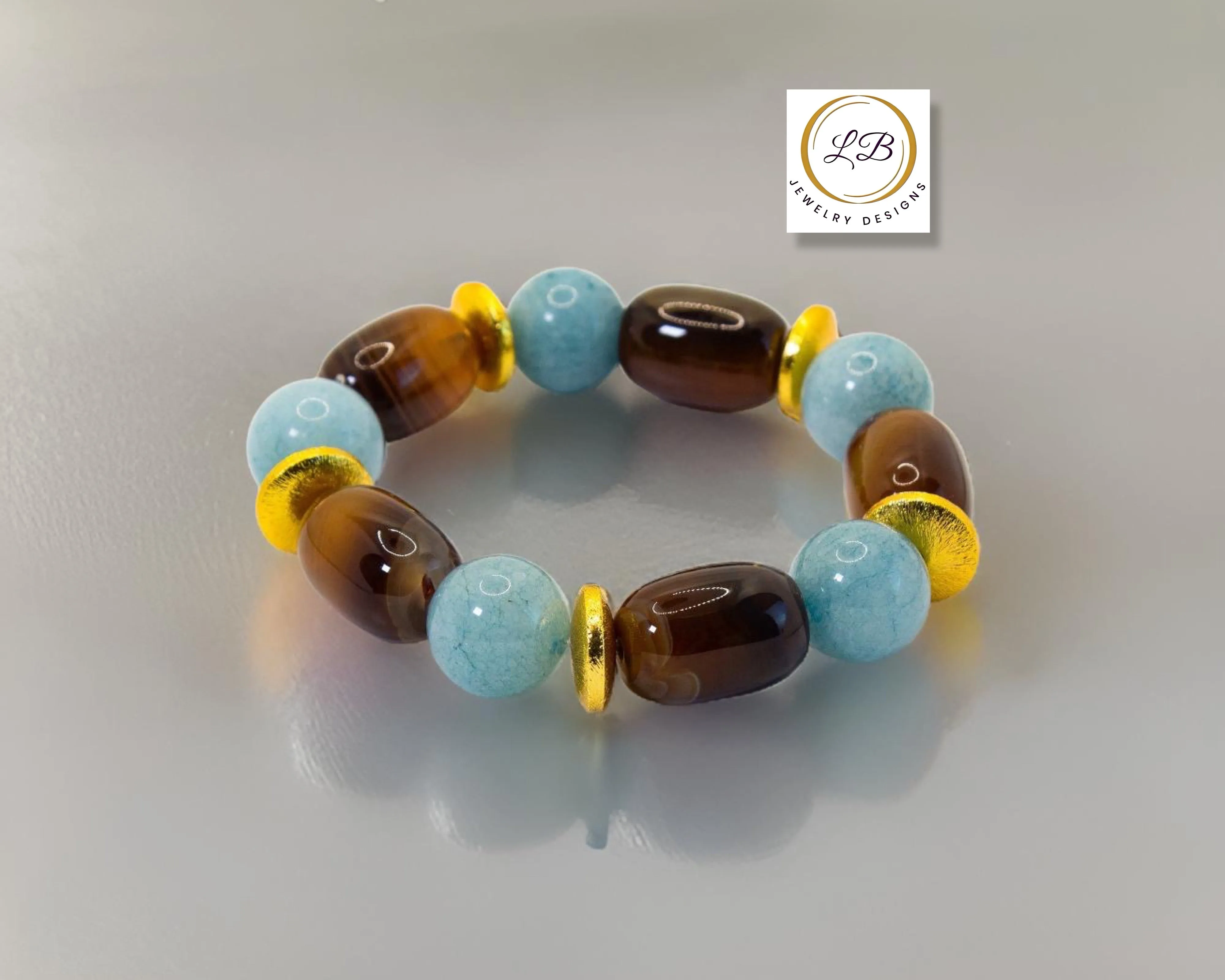 Botswana Agate & Aquamarine Gemstone Gold Statement Bracelet