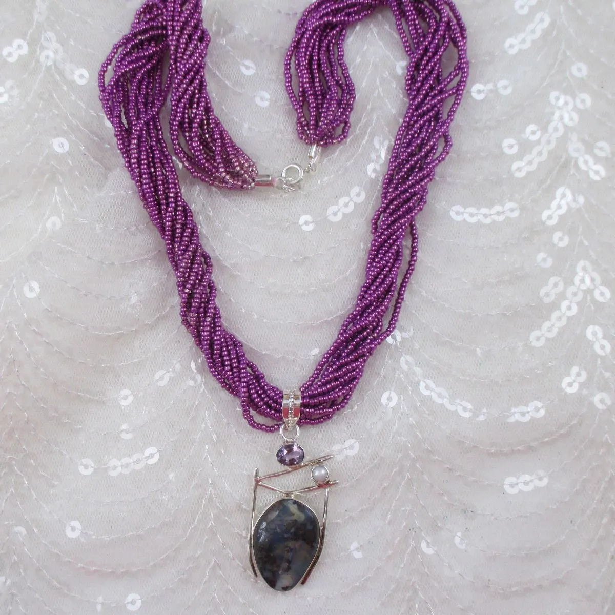 Boulder Opal Pendant on Fuchsia Multi-strand Necklace