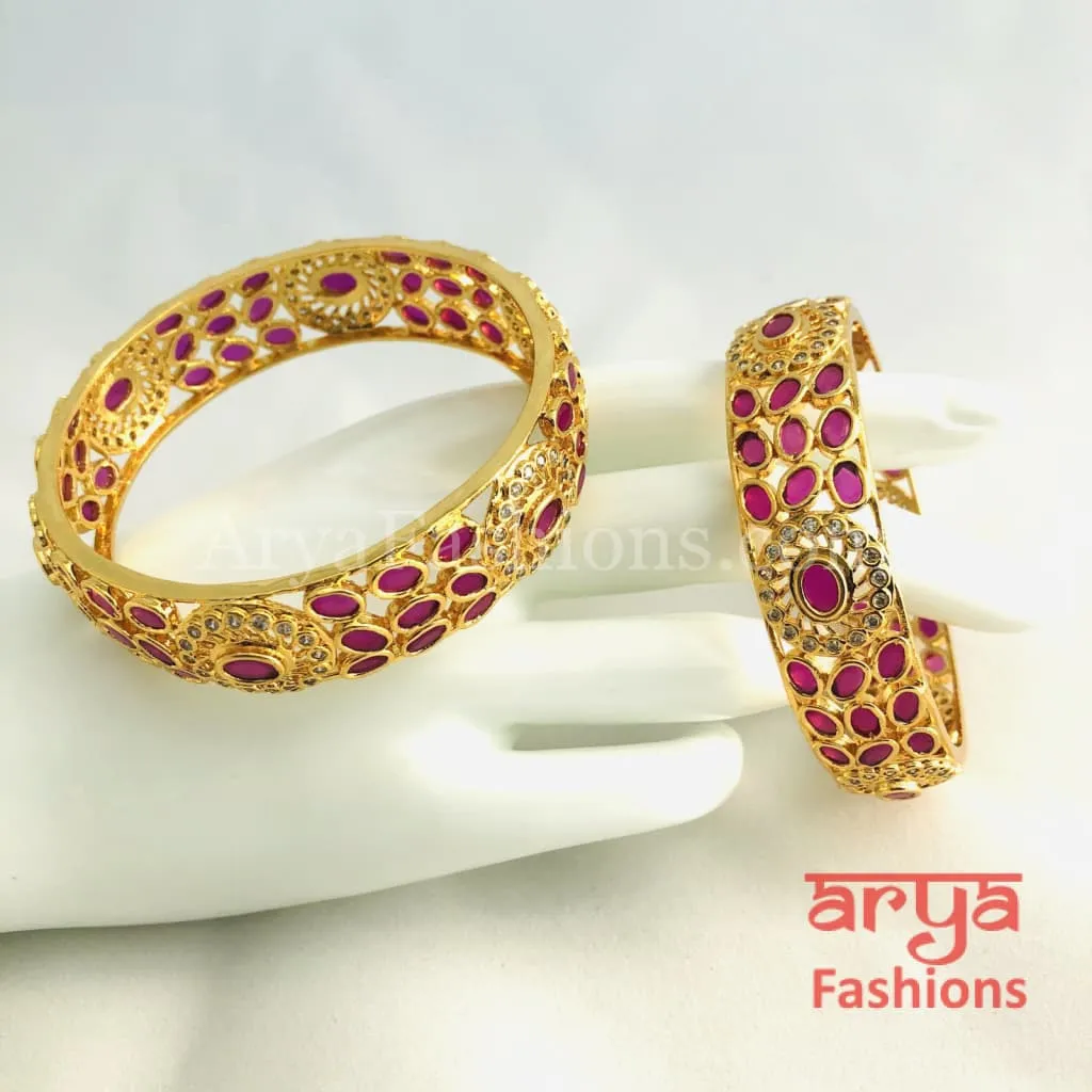 Bridal Golden Ruby White CZ Stones Bracelet Bangles