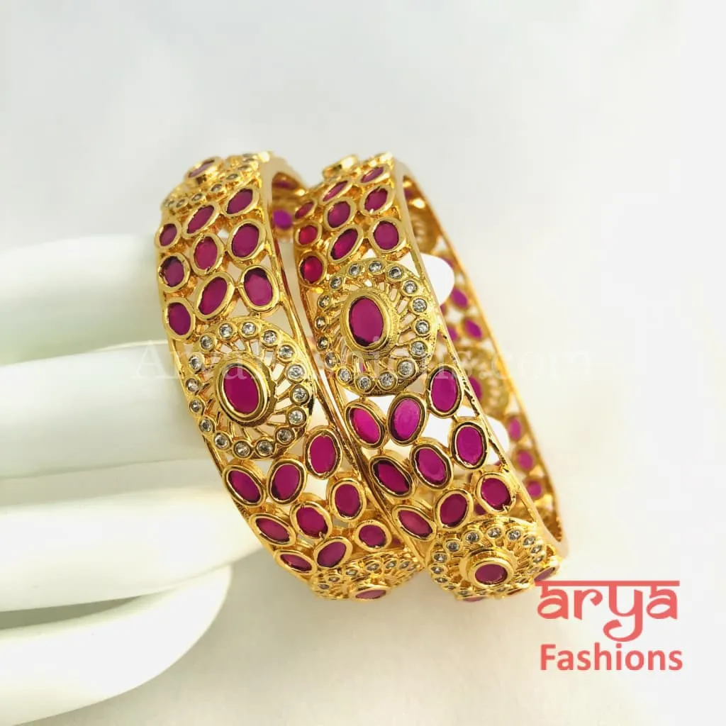 Bridal Golden Ruby White CZ Stones Bracelet Bangles