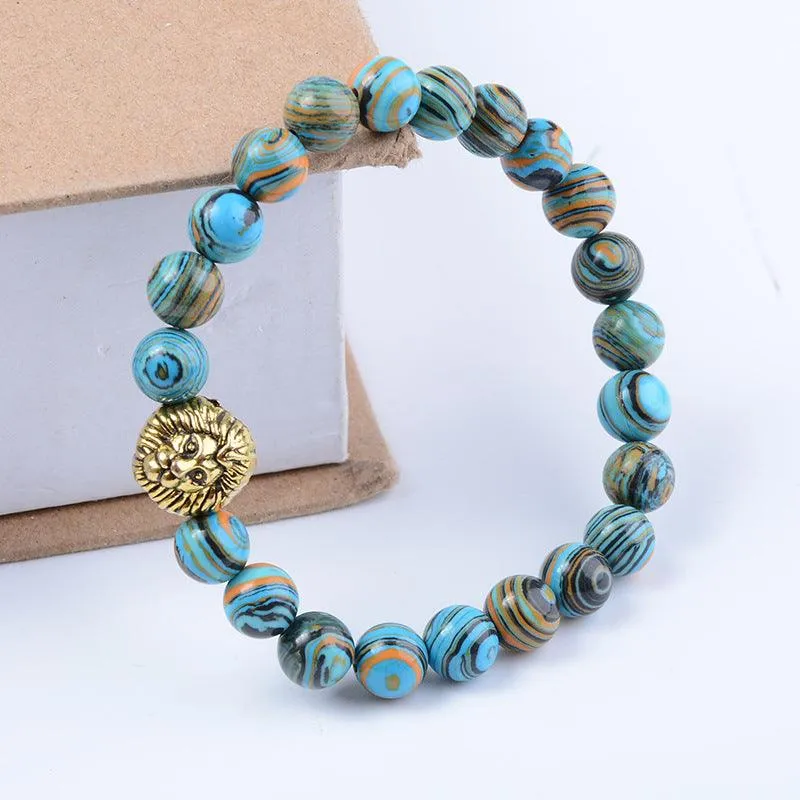 Buddhisttemple Blue Malachite Lion Head Beaded Bracelet