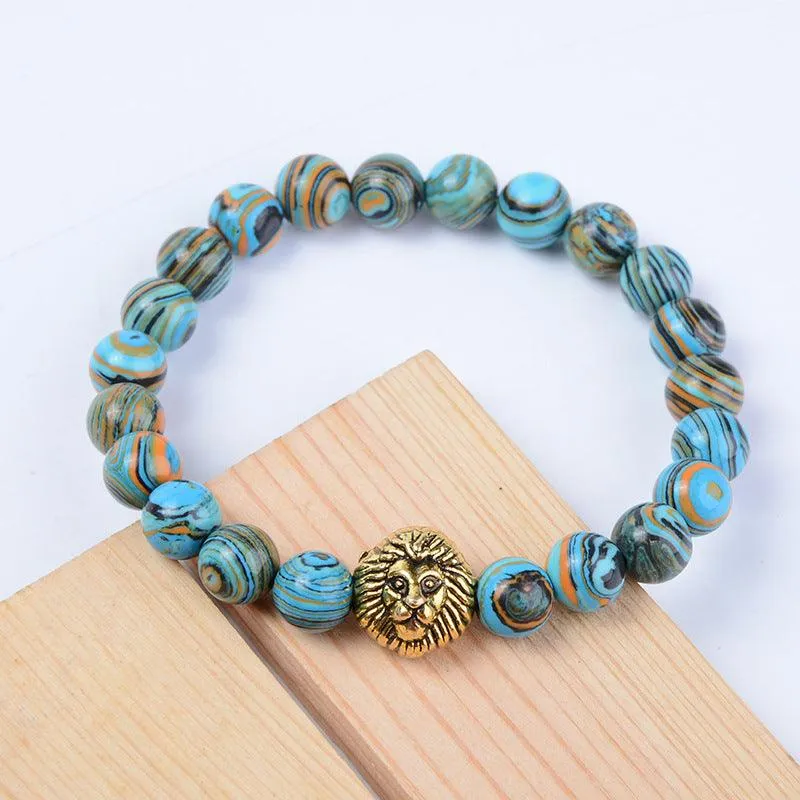 Buddhisttemple Blue Malachite Lion Head Beaded Bracelet