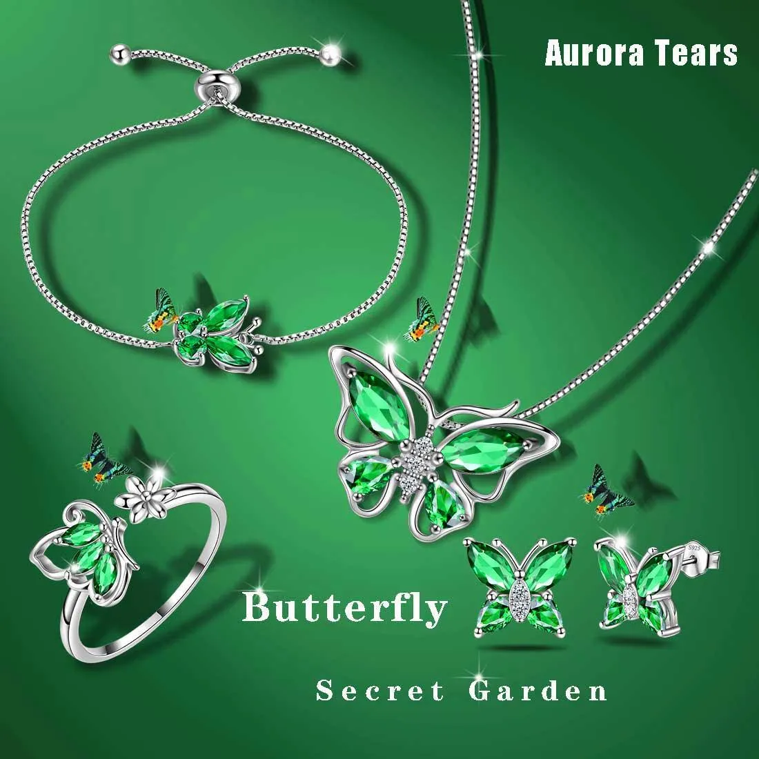 Butterfly Birthstone May Emerald Jewelry Set 5PCS Women Girls Birthday Gift