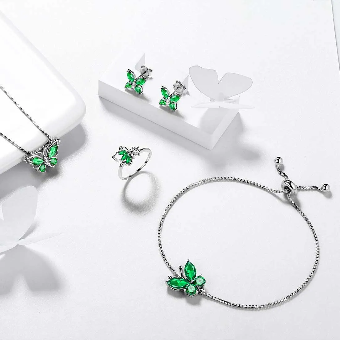 Butterfly Birthstone May Emerald Jewelry Set 5PCS Women Girls Birthday Gift