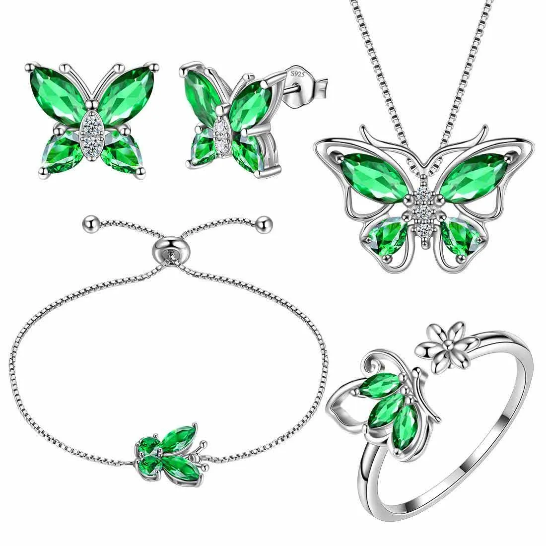 Butterfly Birthstone May Emerald Jewelry Set 5PCS Women Girls Birthday Gift