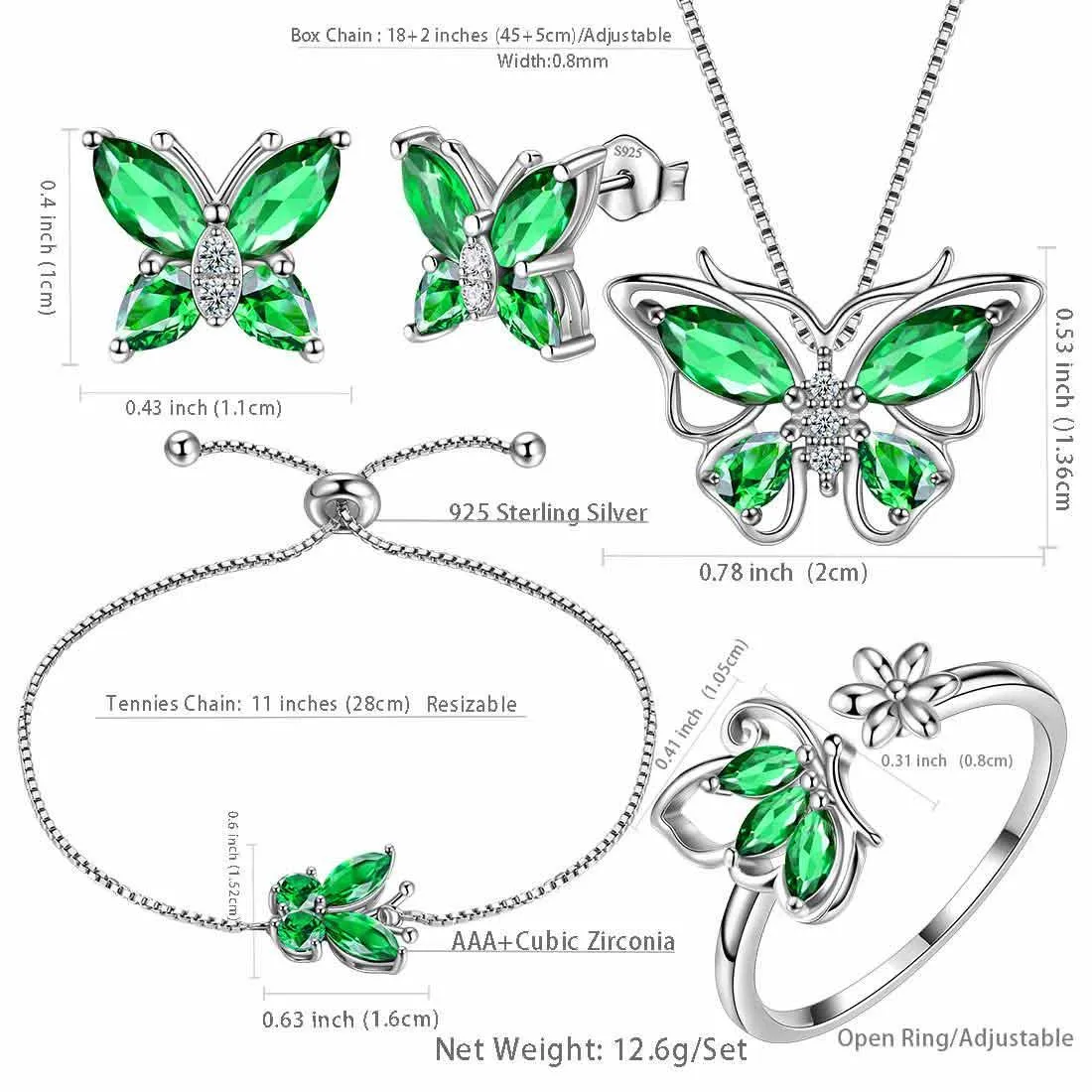 Butterfly Birthstone May Emerald Jewelry Set 5PCS Women Girls Birthday Gift