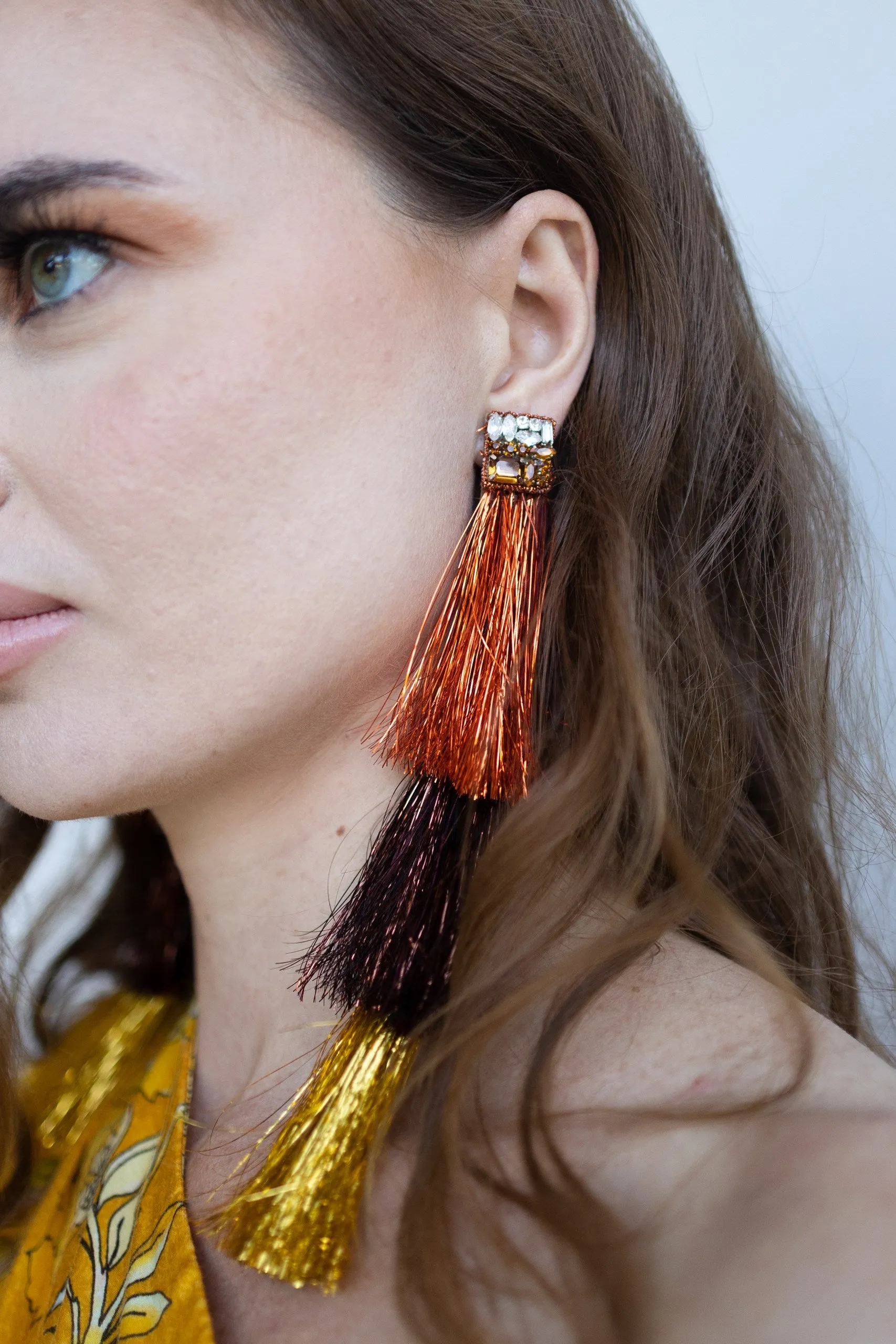 Cascade Tassel Statement Earrings in Orange, Bronze and Gold