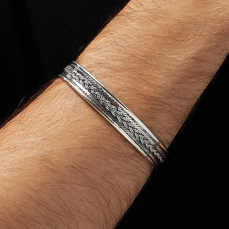 Celtic Silver Bangle | 10mm Sterling Silver Braided Bangle Cuff Bracelet For Men