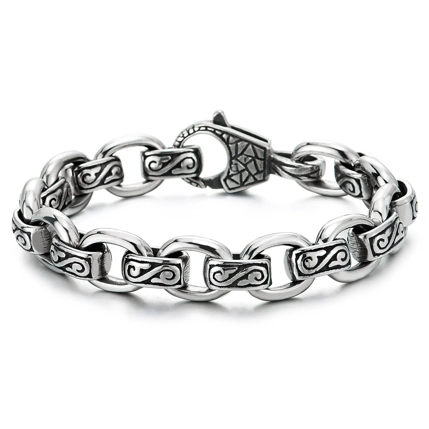 COOLSTEELANDBEYOND Mens Women Rolo Link Chain Bracelet, Stainless Steel, Vintage Infinity Swirl Waves Filigree