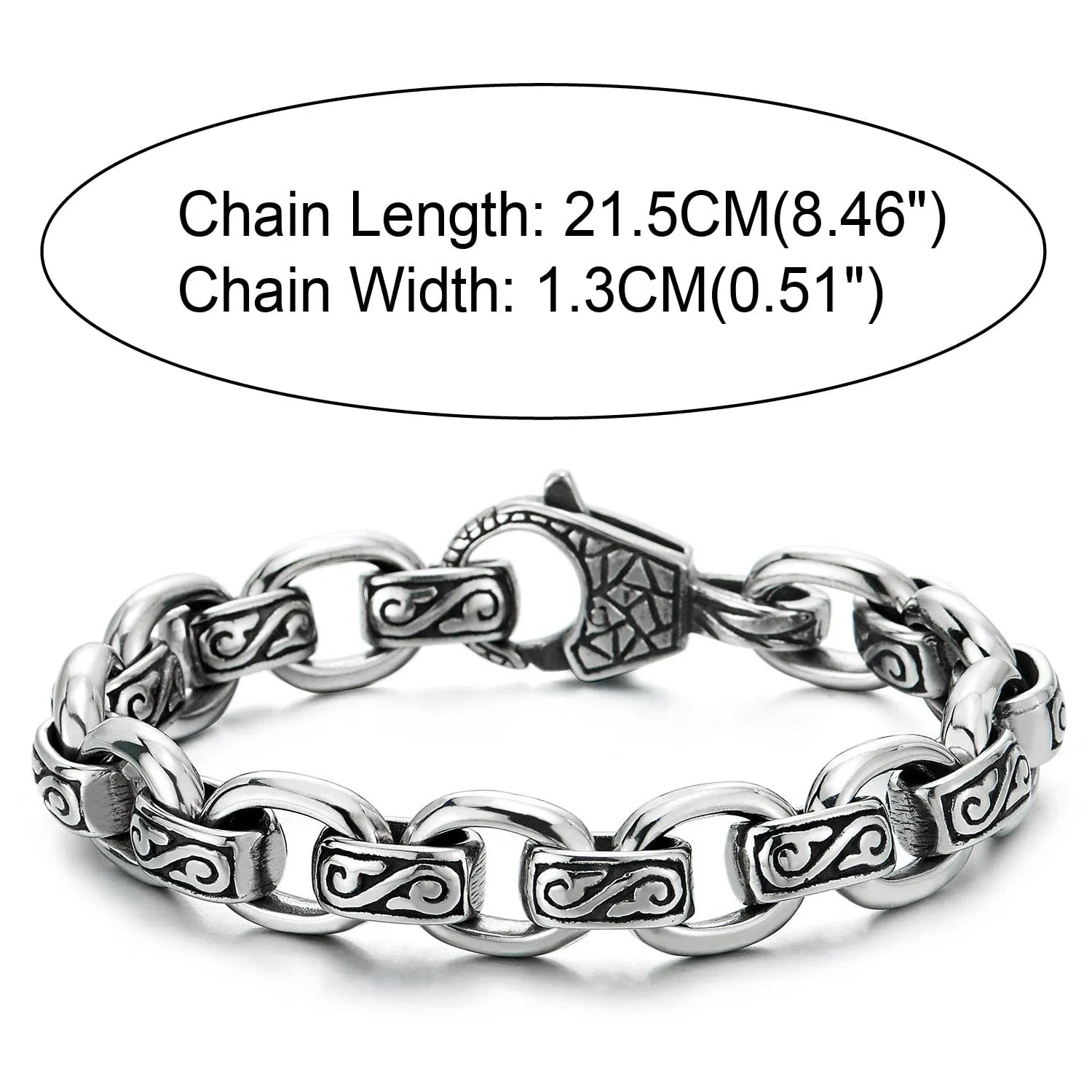 COOLSTEELANDBEYOND Mens Women Rolo Link Chain Bracelet, Stainless Steel, Vintage Infinity Swirl Waves Filigree