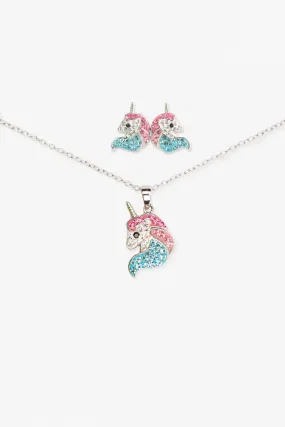 Crystal Unicorn Sterling Silver Stud Earrings & Necklace Set