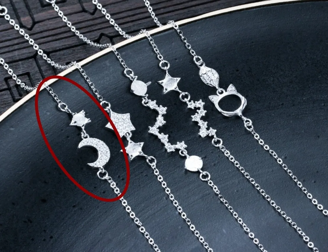 Crystals Stars Moon Chain Bracelet Setting Tray Bulk Sterling Silver Fine 925 4x4mm For One Stone 5 Prongs Adjustable DIY Jewelry Wholesale