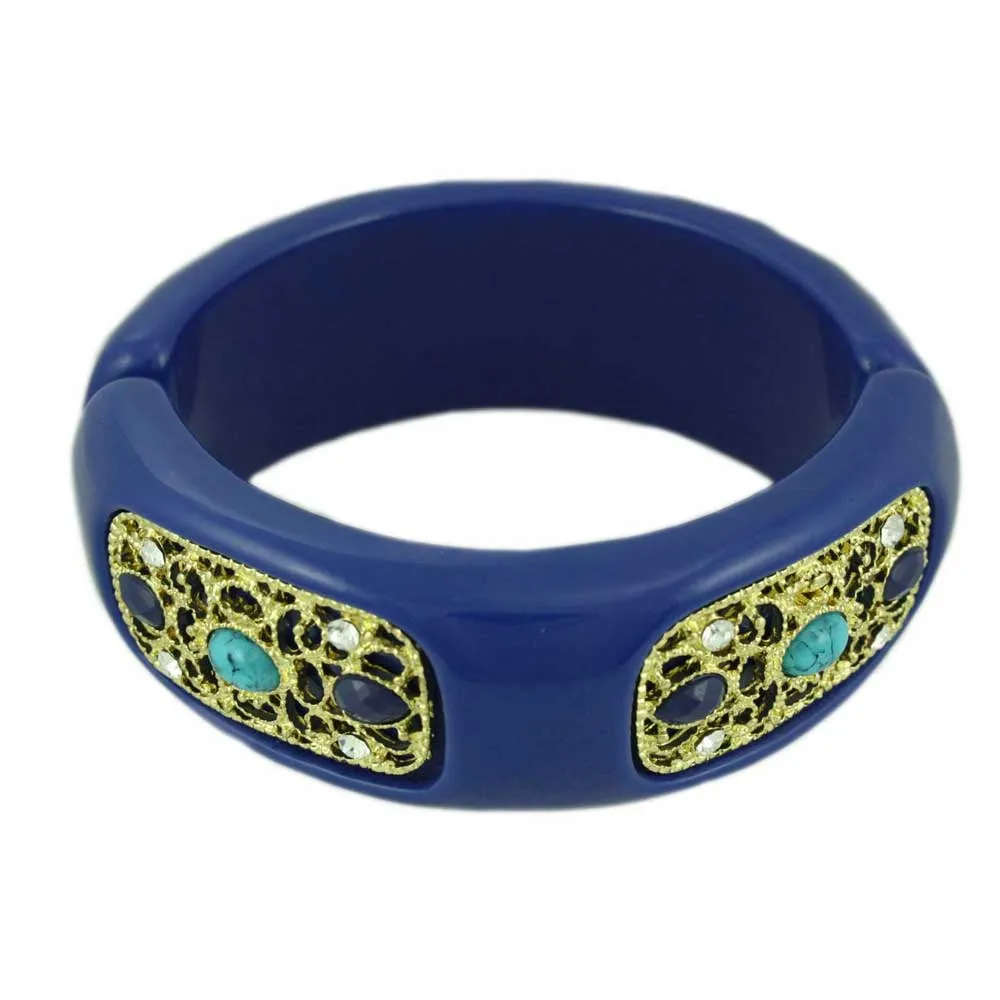 Dark Blue Acrylic with Gold Filigree Hinged Bangle - BGR301B