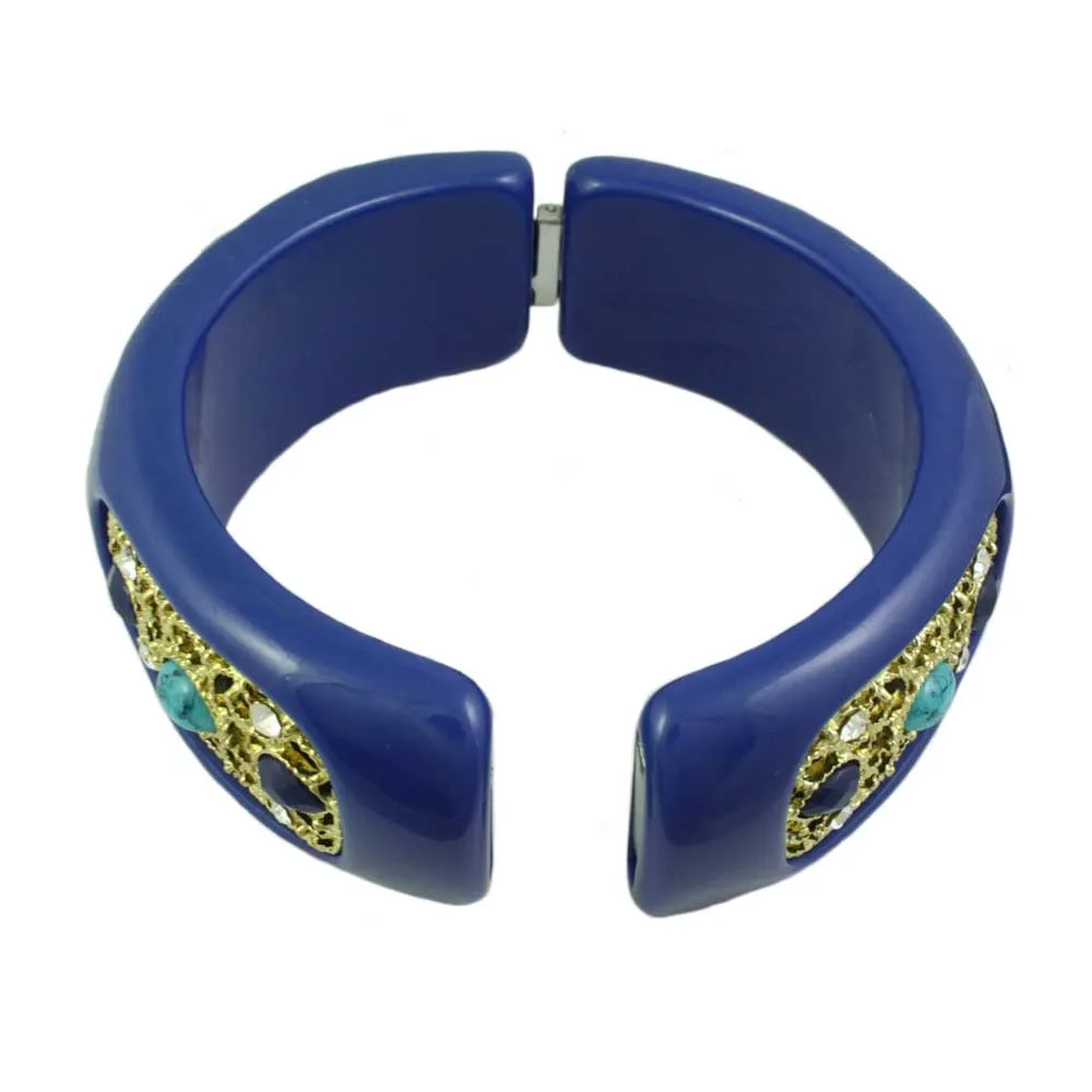 Dark Blue Acrylic with Gold Filigree Hinged Bangle - BGR301B