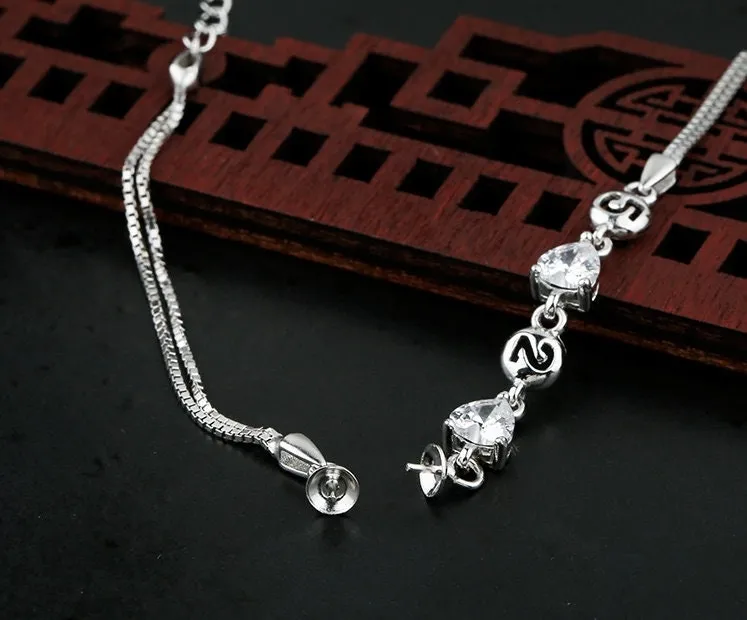 Diamonds Cup Pin Chain Base Bracelet Setting Tray Bulk Sterling Silver Fine 925 6-14mm For One Pearl Bead Adjustable DIY Jewelry Wholesale