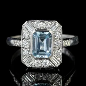 Emerald Cut Aquamarine Diamond Ring Platinum