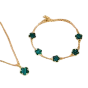 Emerald Green Clover Design Set, Bracelet With Matching Necklace