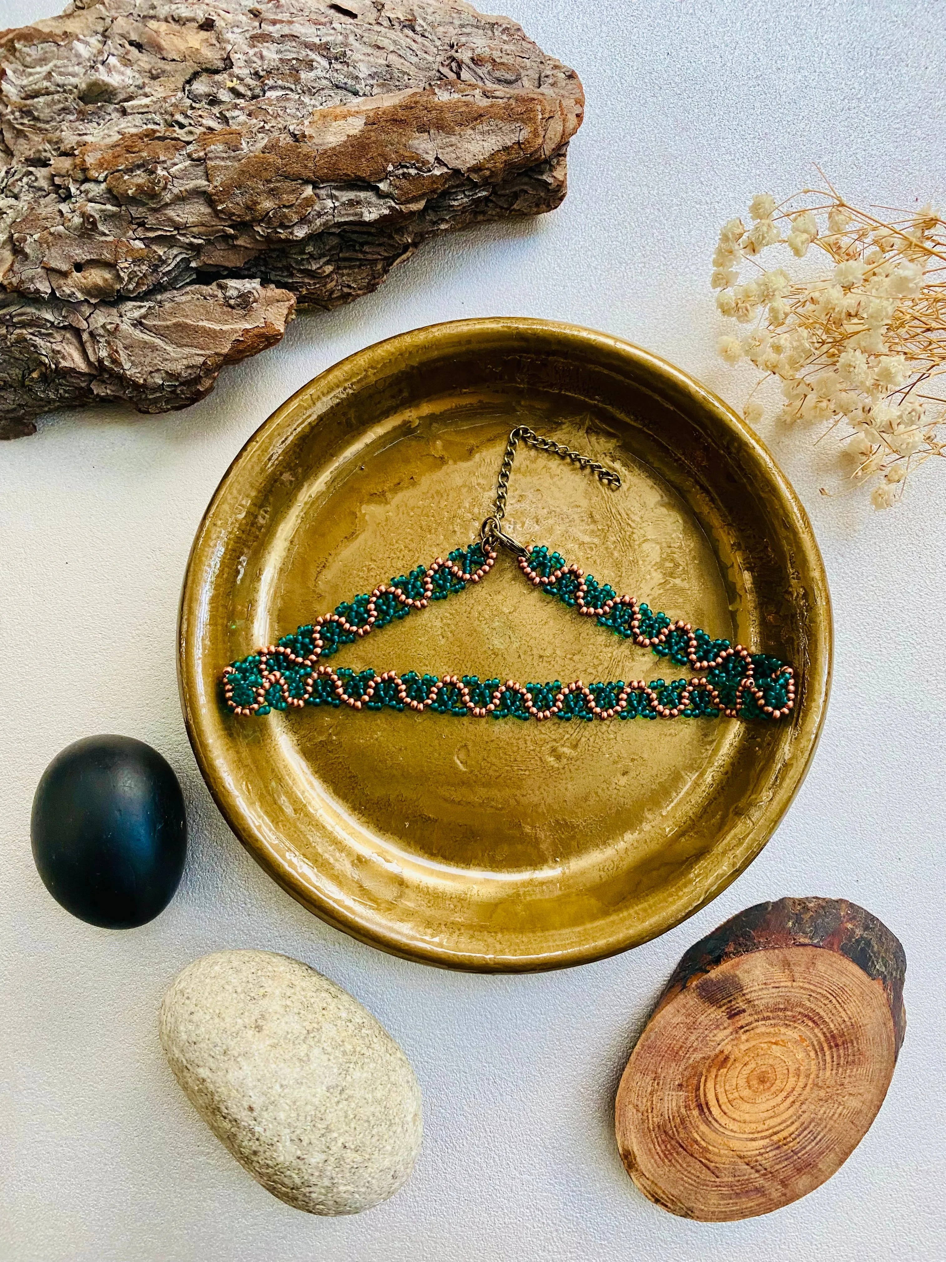 Emerald Matte Gold Seed Bead Choker Necklace, Boho Hippie Green Choker, Unique Choker, Choker collar, Cool Choker, Handmade Statement choker