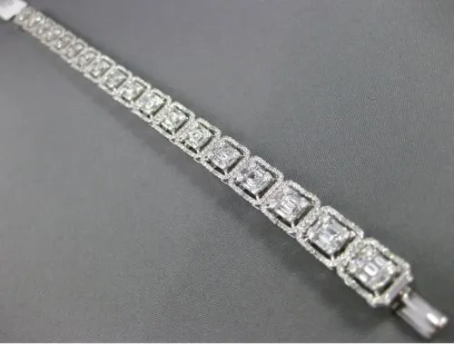 ESTATE LARGE 6.67CT ROUND & BAGUETTE DIAMOND 18K WHITE GOLD HALO TENNIS BRACELET