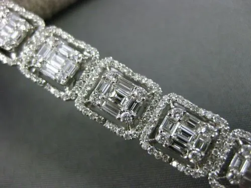 ESTATE LARGE 6.67CT ROUND & BAGUETTE DIAMOND 18K WHITE GOLD HALO TENNIS BRACELET