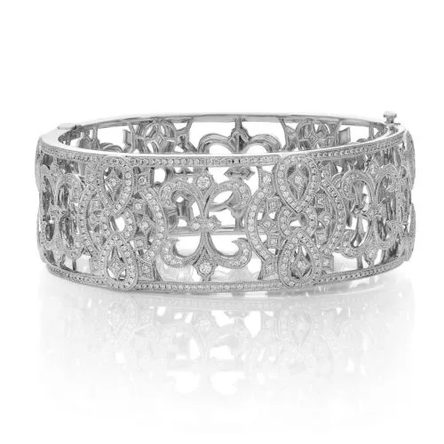 ESTATE WIDE 2.71CT DIAMOND 18K WHITE GOLD OPEN FILIGREE CHADWICK BANGLE BRACELET