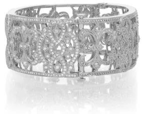 ESTATE WIDE 2.71CT DIAMOND 18K WHITE GOLD OPEN FILIGREE CHADWICK BANGLE BRACELET