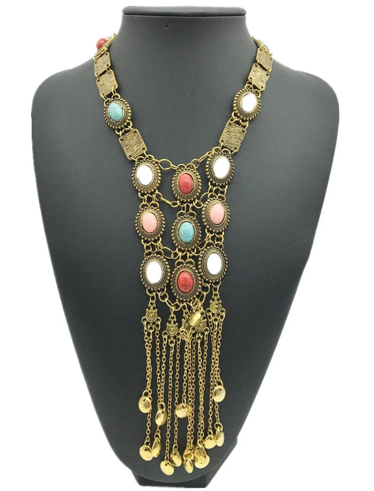 Exotic Multi-layer Tassel Necklace with Imitation Turquoise Accents