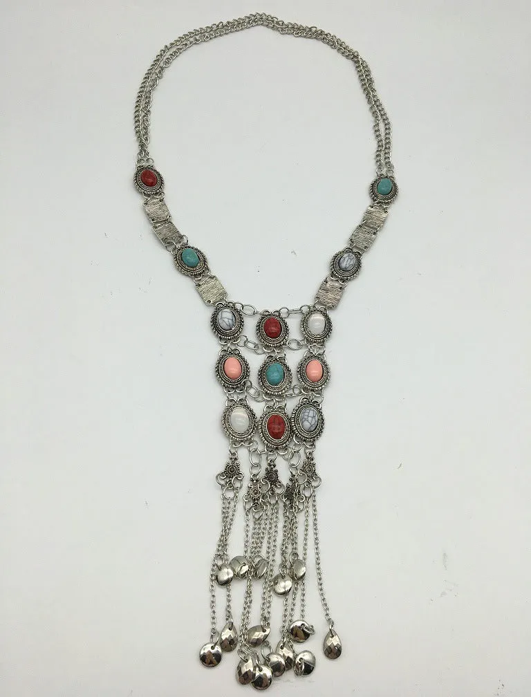 Exotic Multi-layer Tassel Necklace with Imitation Turquoise Accents