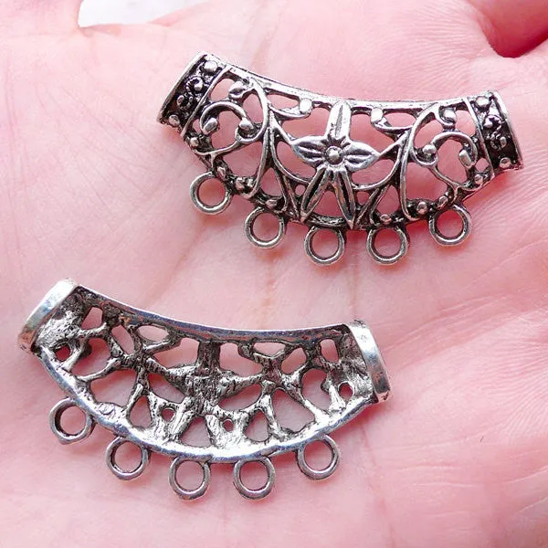 Filigree Flower Curved Tube Bead Charm Holder with Hollow Back (4pcs / 36mm x 19mm / Tibetan Silver) Leather Necklace Bracelet DIY CHM2240