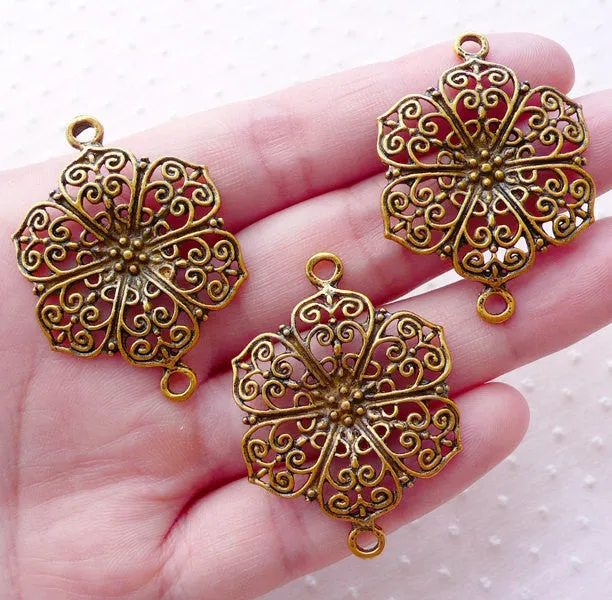 Floral Lace Charm Filigree Connector Flower Link (3pcs / 28mm x 40mm / Antique Gold) Bracelet Bookmark Earrings Handbag Charm Making CHM2115