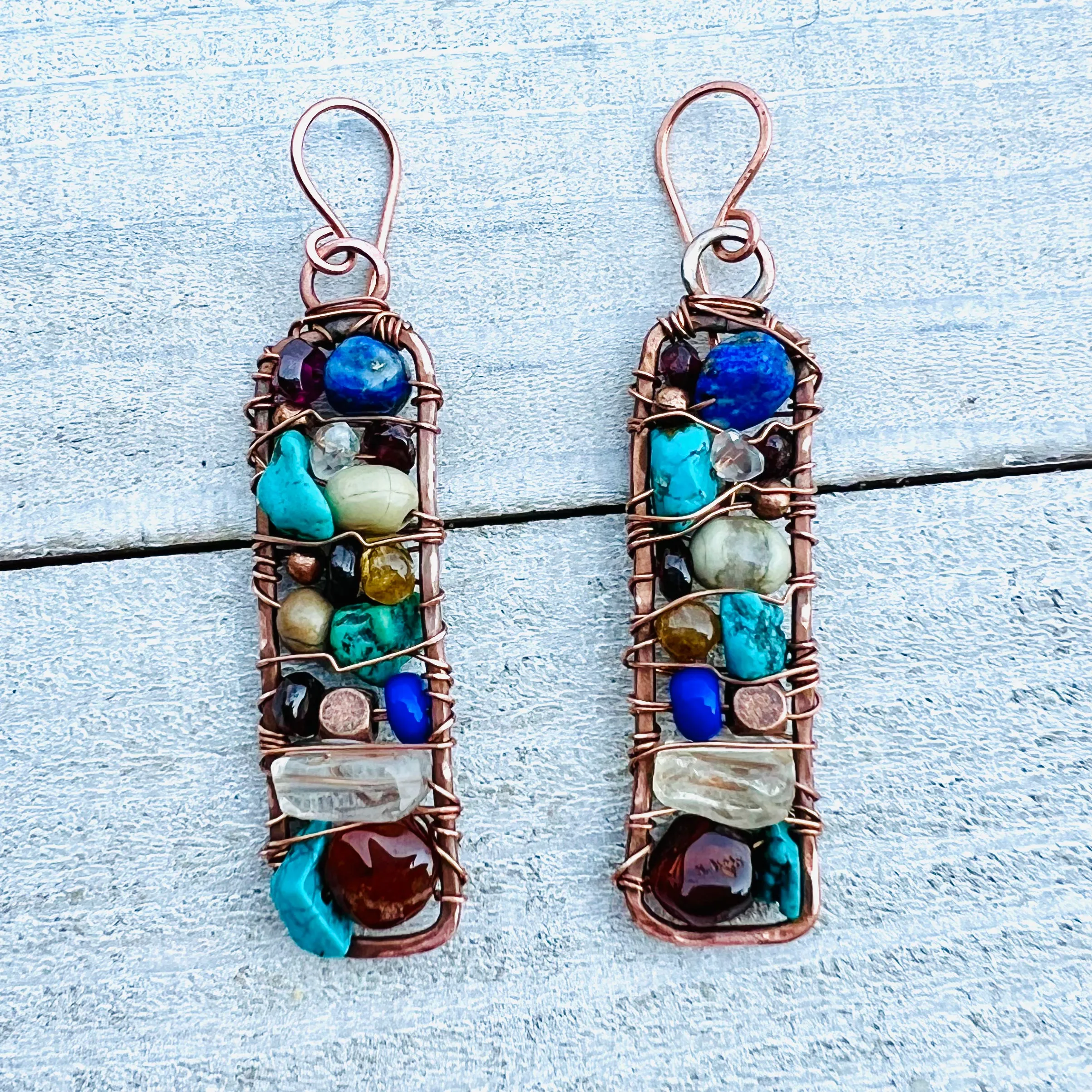 Framed Gemstone Earrings | Hand-hammered Copper with Garnet, Citrine, Lapis & Turquoise