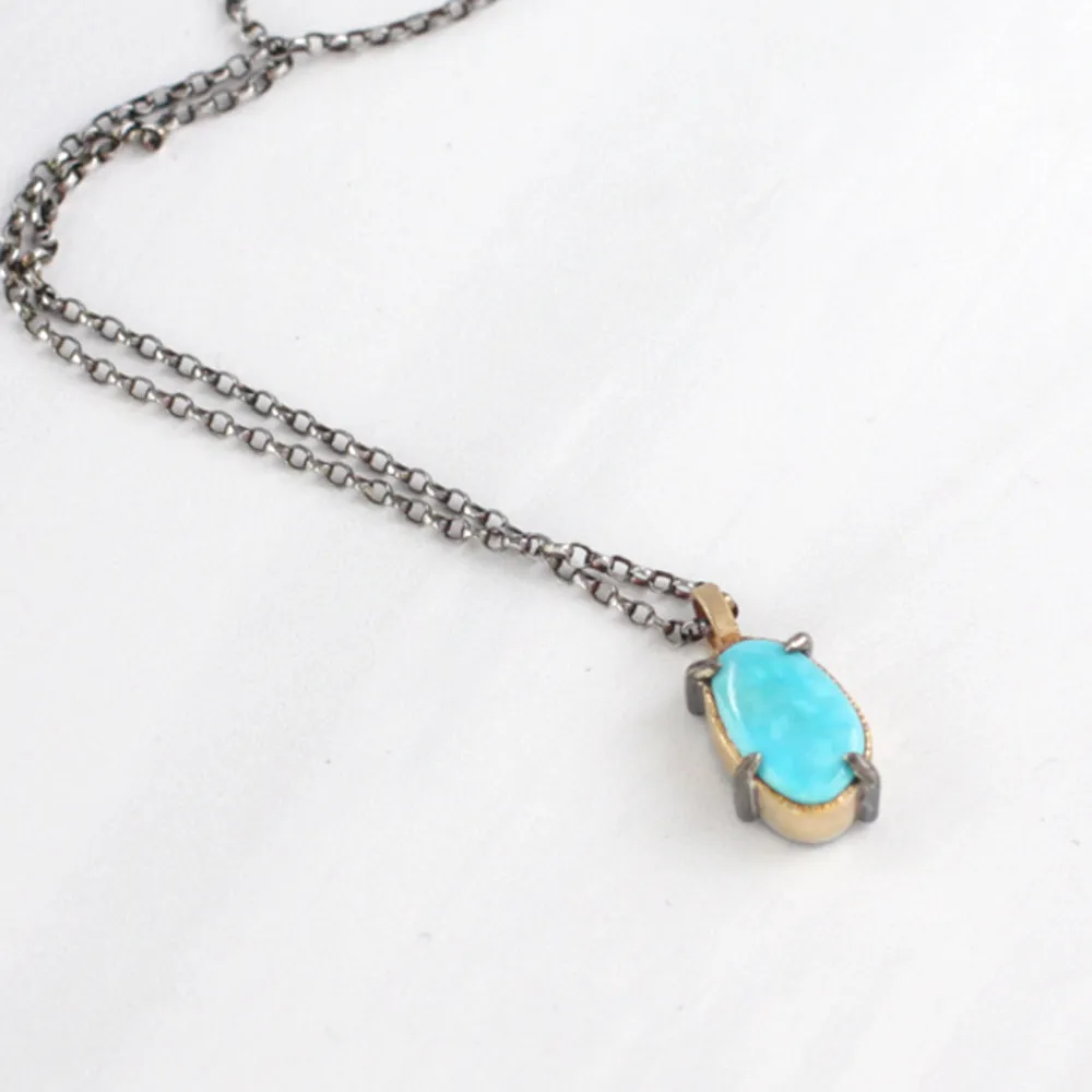 Freeform Bisbee Turquoise Pendant Necklace in Mixed Silver and 14k Gold