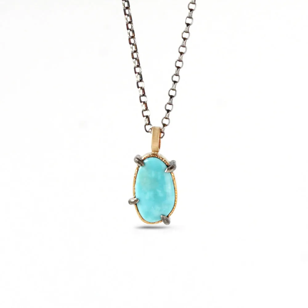 Freeform Bisbee Turquoise Pendant Necklace in Mixed Silver and 14k Gold